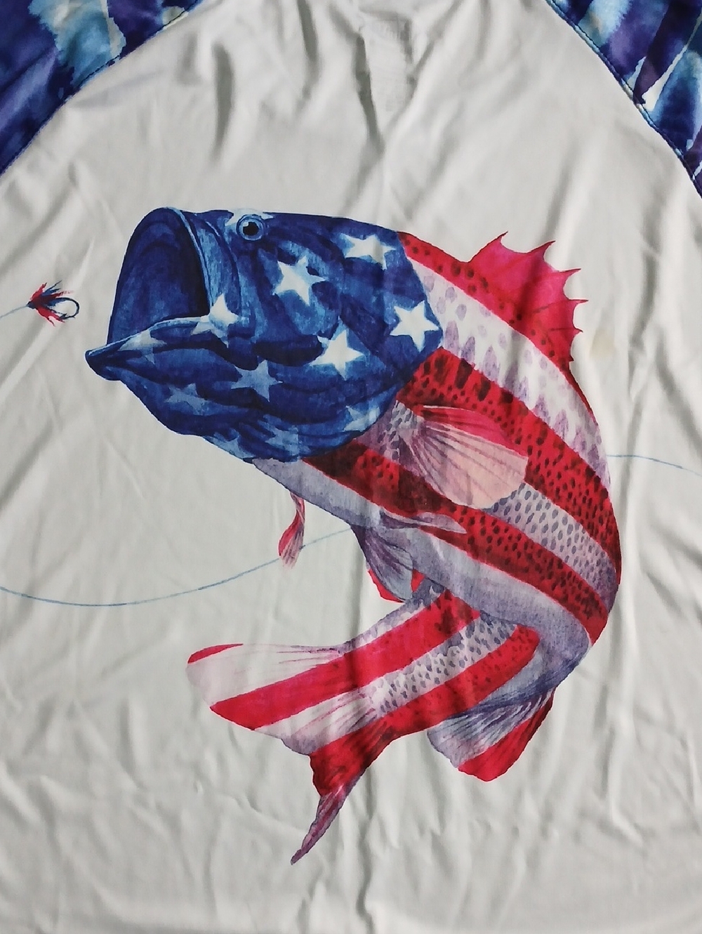 Palmyth Patriotic Bass White Fishing Shirtwith Blue Patterned Raglan Sleeves